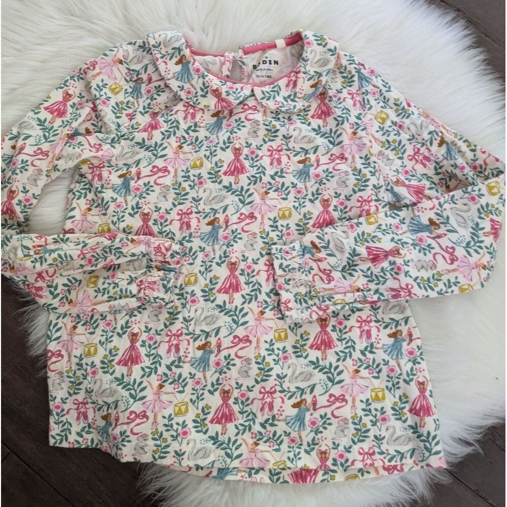 Mini Boden 12 Days Of Christmas Peter Pan Collar Floral Long Sleeve Shirt 10-11